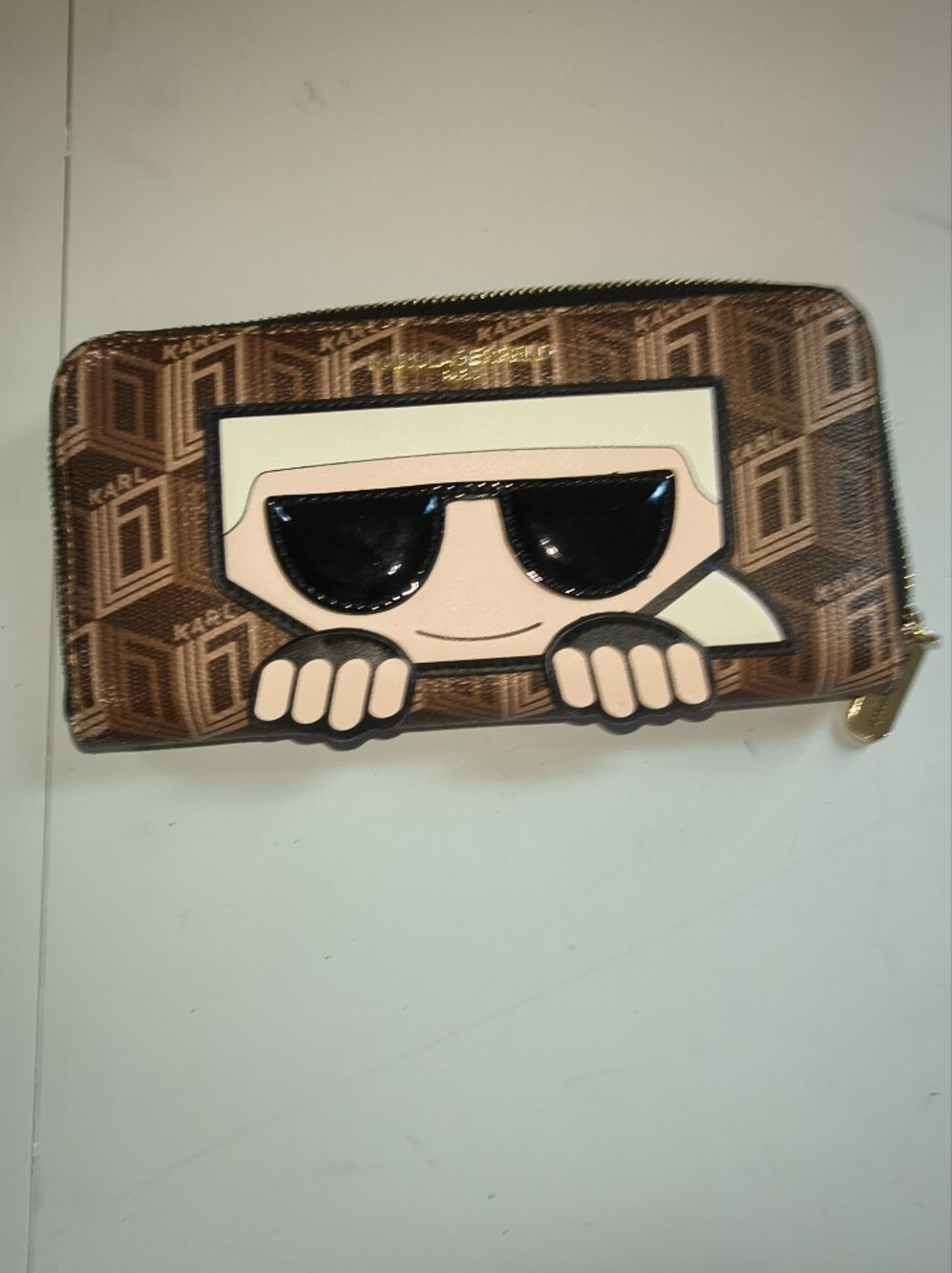 Karl Lagerfeld Brown Monogram Zip Wallet with Sunglasses Patch